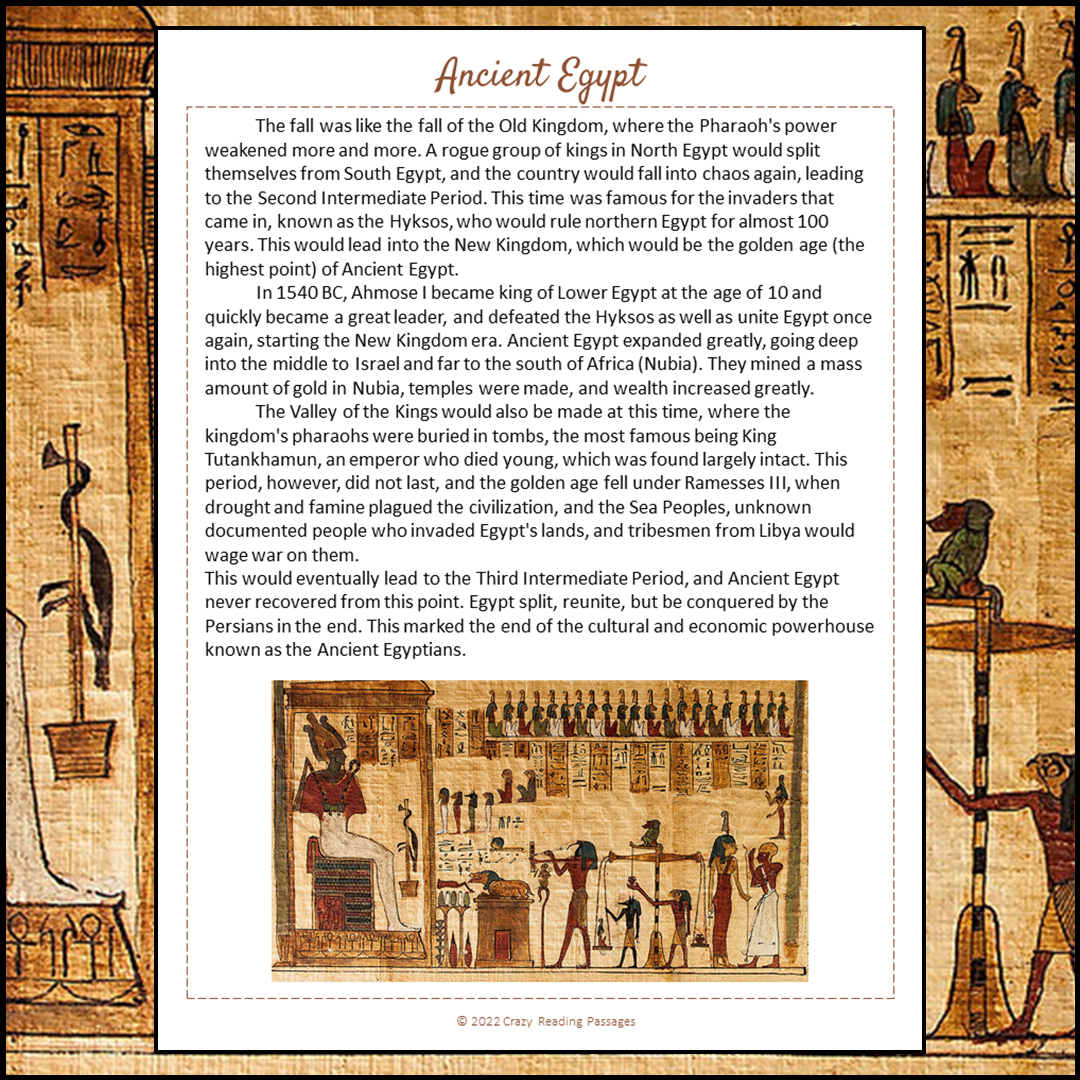 Ancient Egypt Reading Comprehension Passage and Questions | Printable PDF