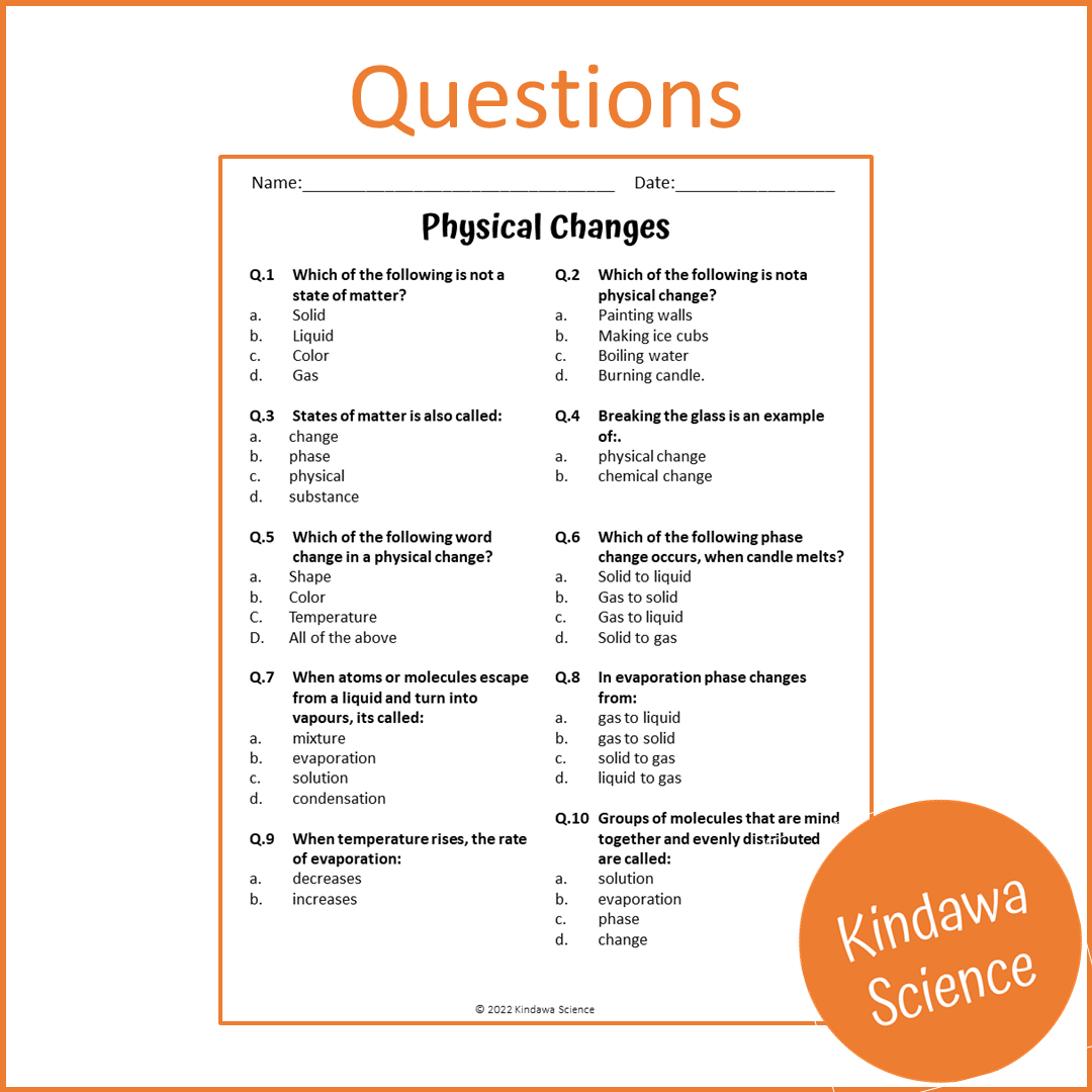 Physical Changes Reading Comprehension Passage and Questions | Printable PDF