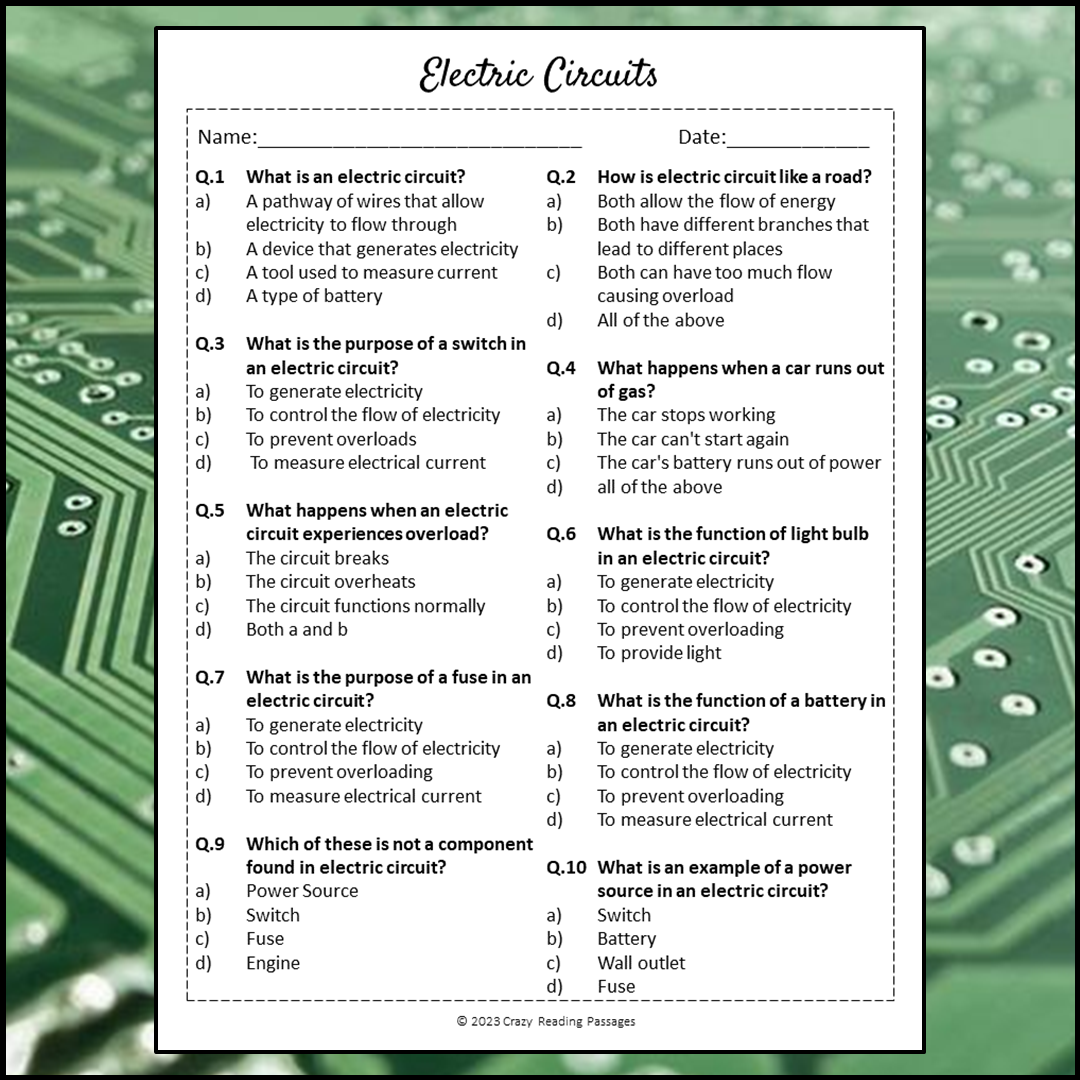 Electric Circuits Reading Comprehension Passage and Questions | Printable PDF