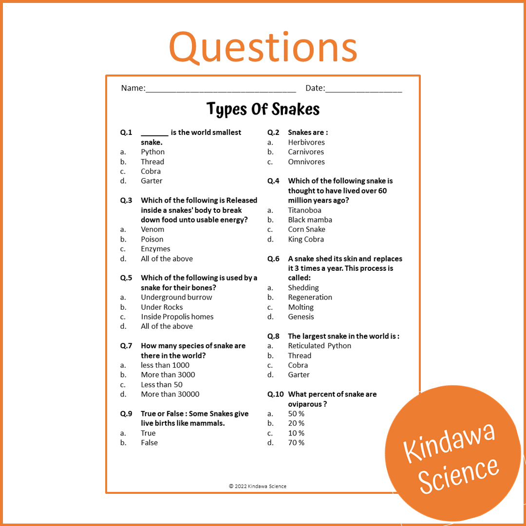 Types Of Snakes Reading Comprehension Passage and Questions | Printable PDF