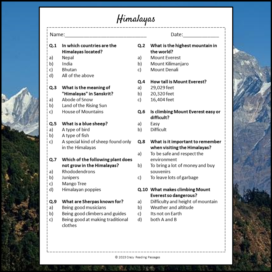 Himalayas Reading Comprehension Passage and Questions | Printable PDF