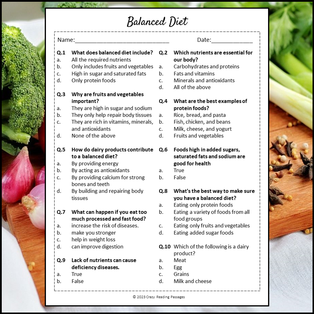 Balanced Diet Reading Comprehension Passage and Questions | Printable PDF