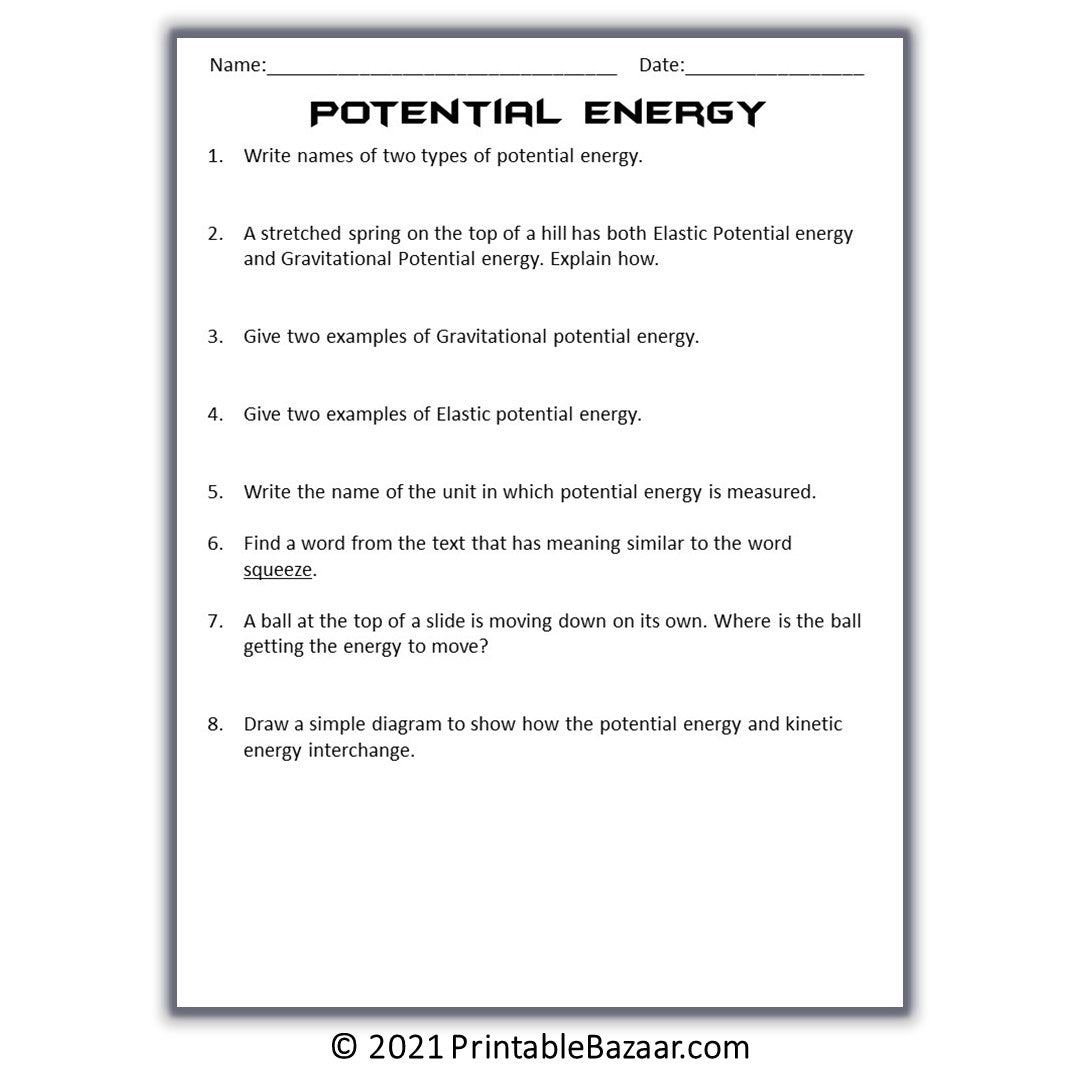 Potential Energy Reading Comprehension Passage and Questions