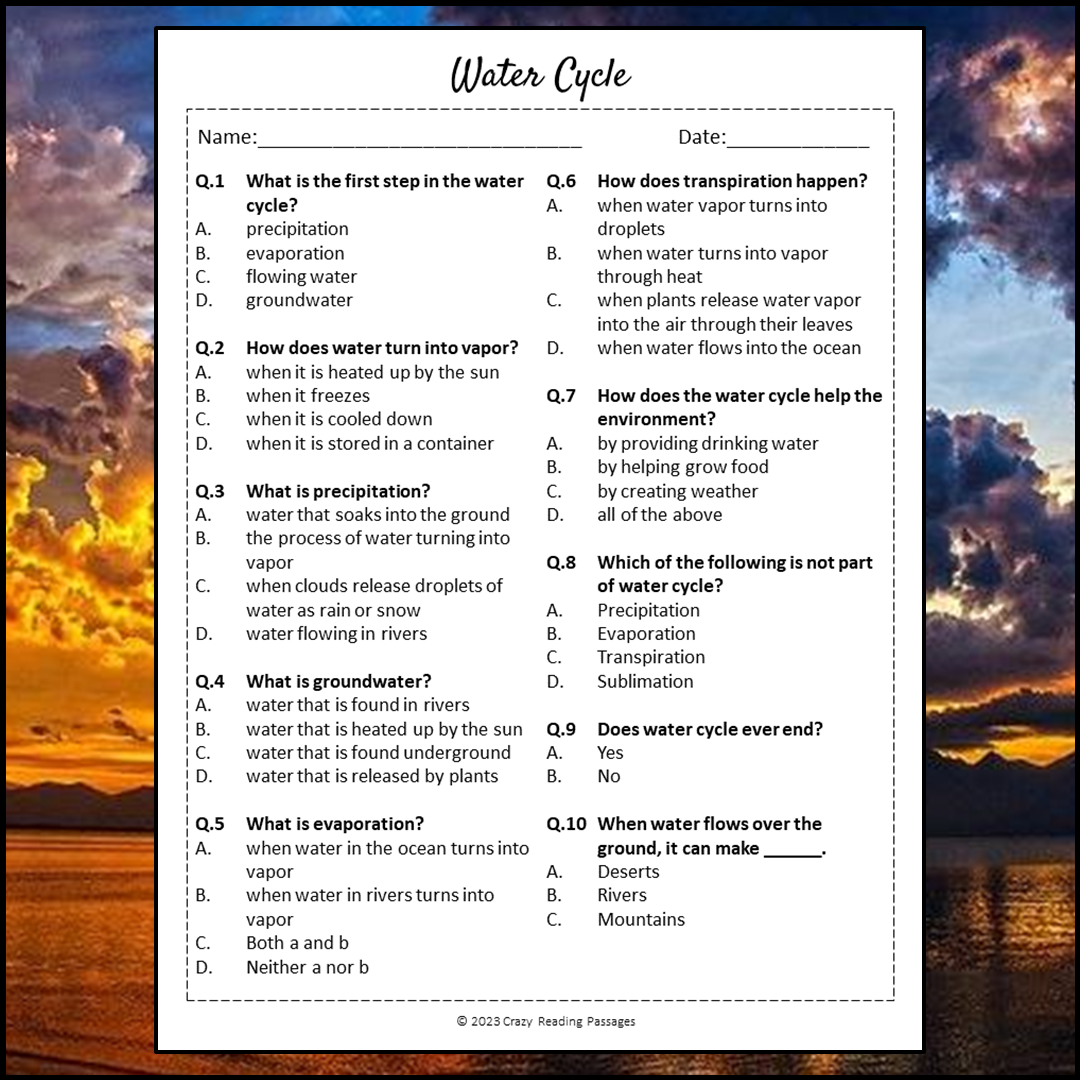 Water Cycle Reading Comprehension Passage and Questions | Printable PDF