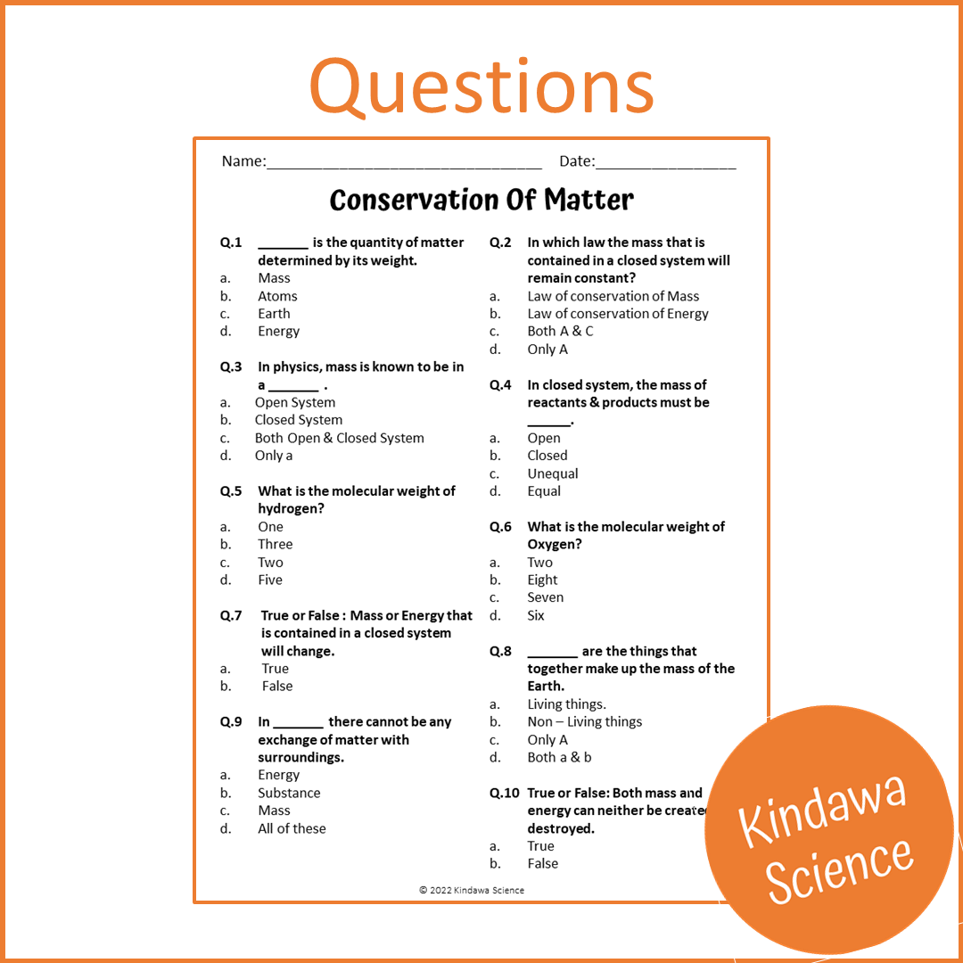 Conservation Of Matter Reading Comprehension Passage and Questions | Printable PDF