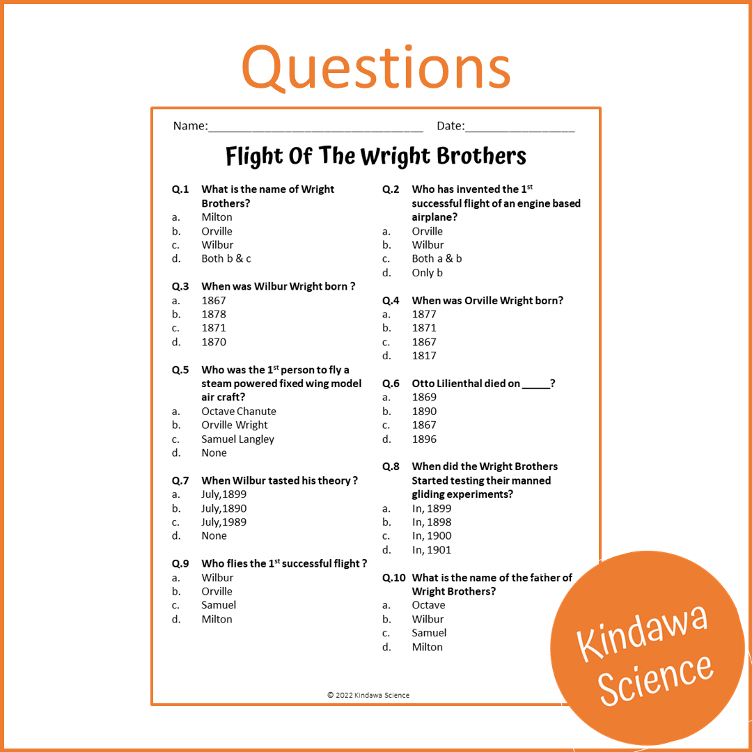 Flight Of The Wright Brothers Reading Comprehension Passage and Questions | Printable PDF