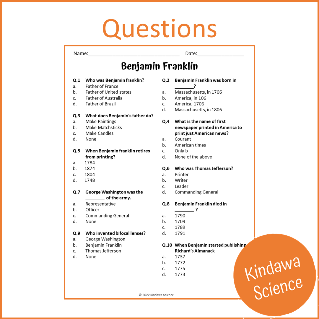 Benjamin Franklin Reading Comprehension Passage and Questions | Printable PDF