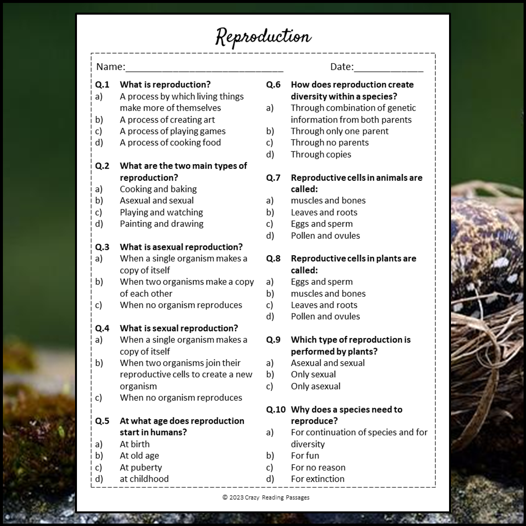 Reproduction Reading Comprehension Passage and Questions | Printable PDF