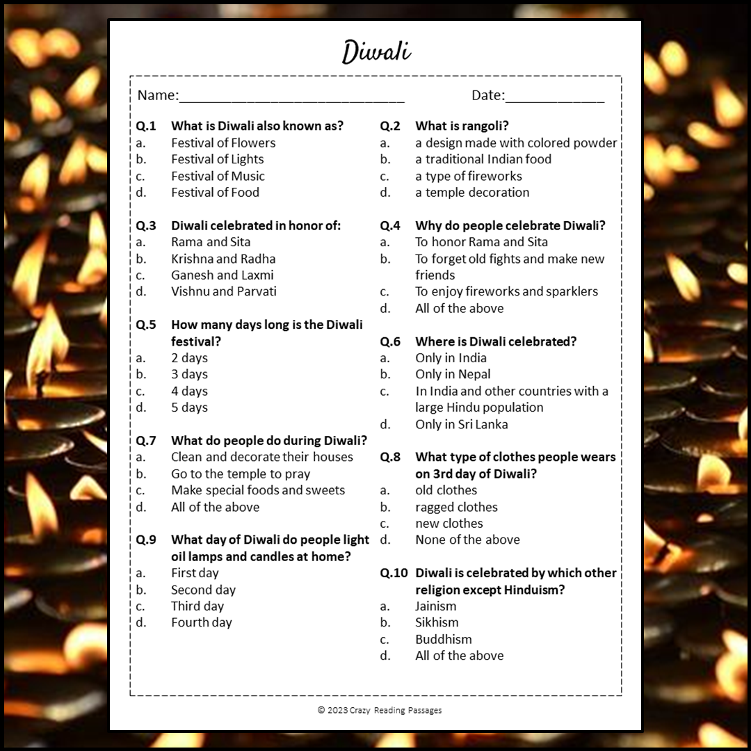 Diwali Reading Comprehension Passage and Questions | Printable PDF