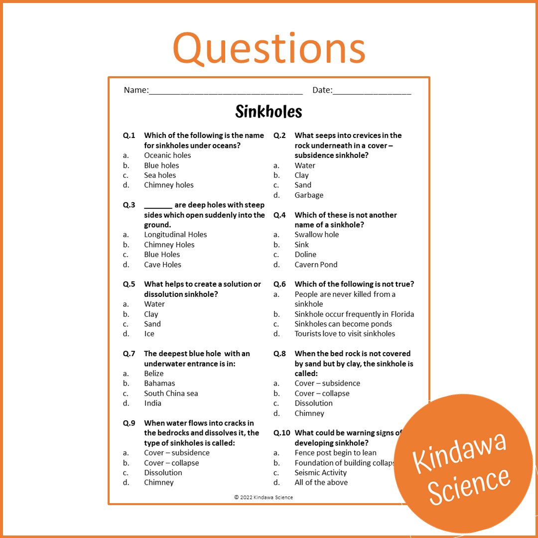 Sinkholes Reading Comprehension Passage and Questions | Printable PDF