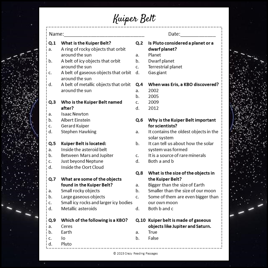 Kuiper Belt Reading Comprehension Passage and Questions | Printable PDF