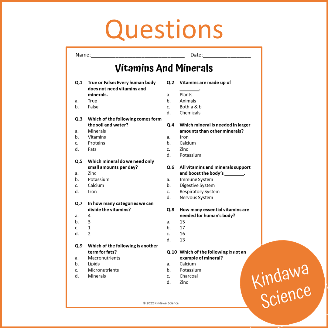 Vitamins And Minerals Reading Comprehension Passage and Questions | Printable PDF