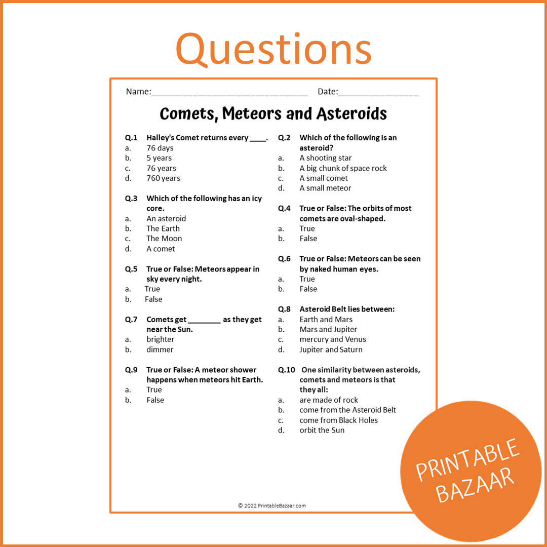 Comets, Meteors and Asteroids Reading Comprehension Passage and Questions | Printable PDF