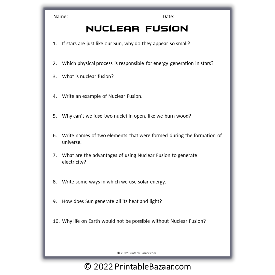 Nuclear Fusion Reading Comprehension Passage and Questions | Printable PDF