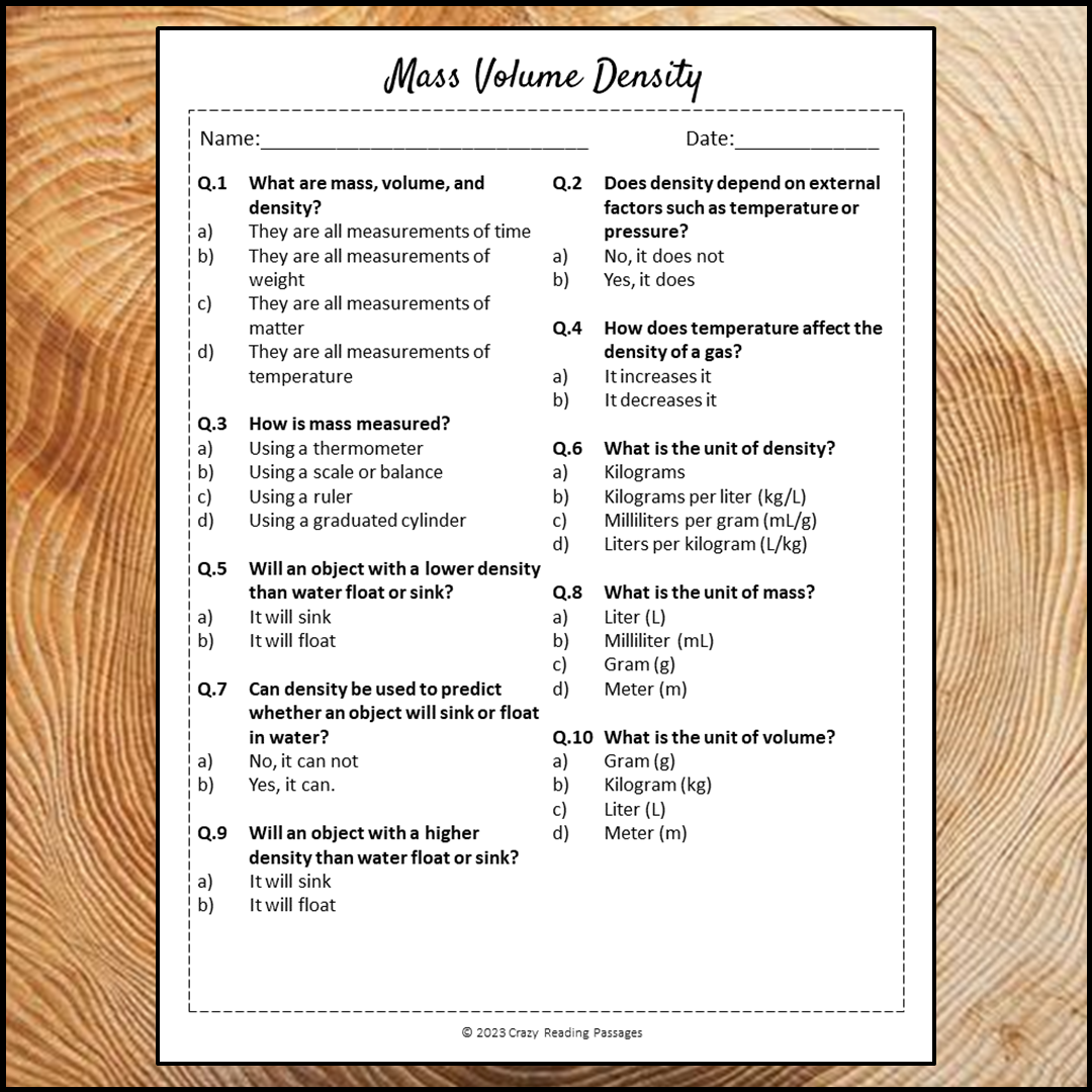 Mass Volume Density Reading Comprehension Passage and Questions | Printable PDF