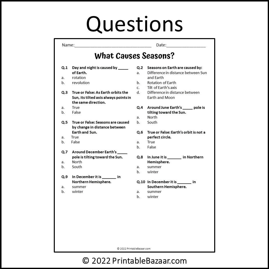 What Causes Seasons Reading Comprehension Passage and Questions | Printable PDF