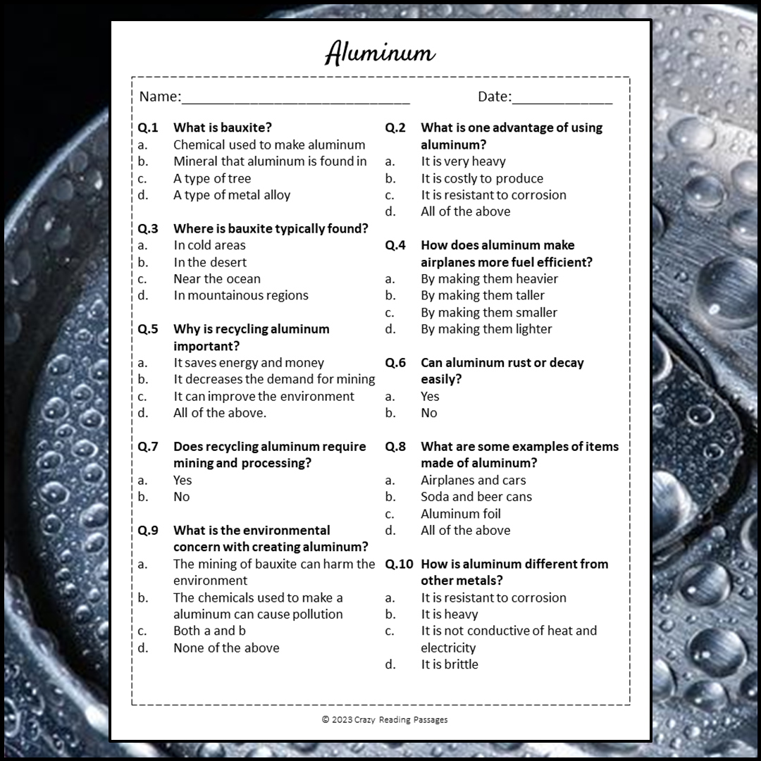 Aluminum Reading Comprehension Passage and Questions | Printable PDF