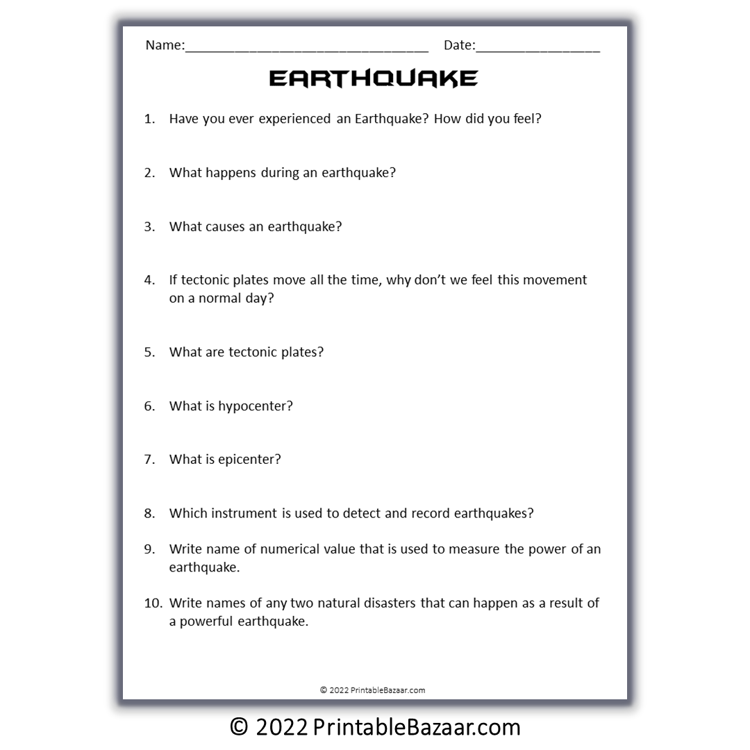 Earthquake Reading Comprehension Passage and Questions | Printable PDF