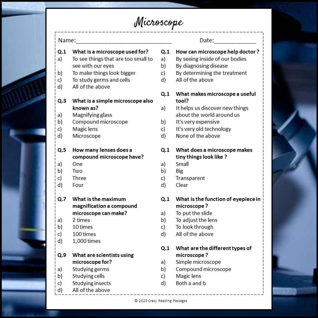 Microscope Reading Comprehension Passage and Questions | Printable PDF