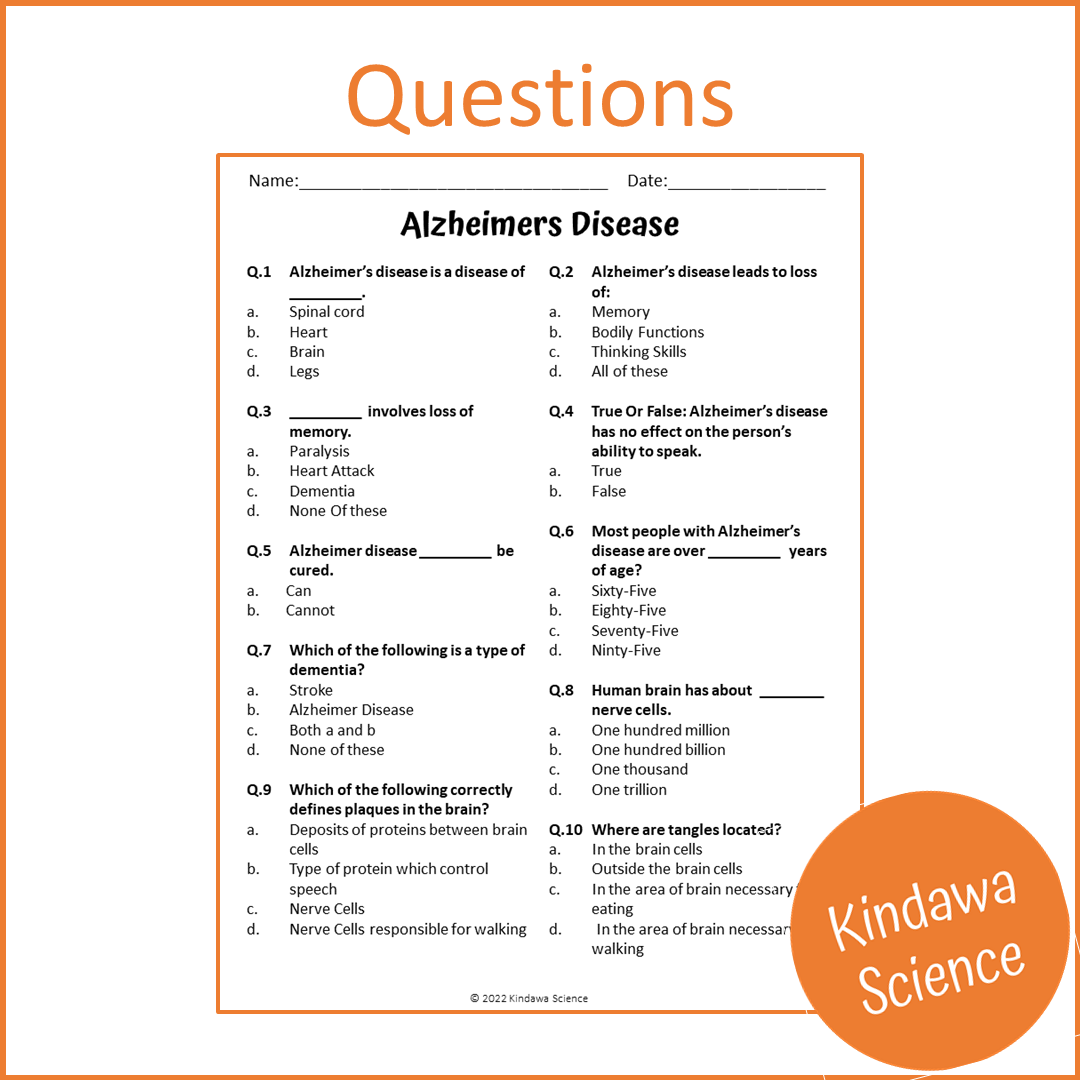 Alzheimers Disease Reading Comprehension Passage and Questions | Printable PDF