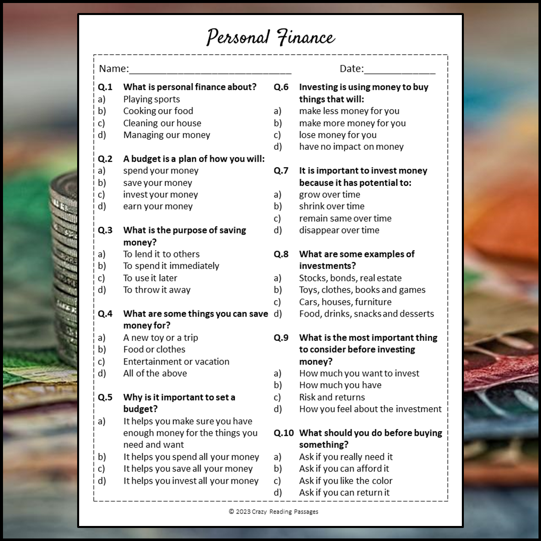 Personal Finance Reading Comprehension Passage and Questions | Printable PDF