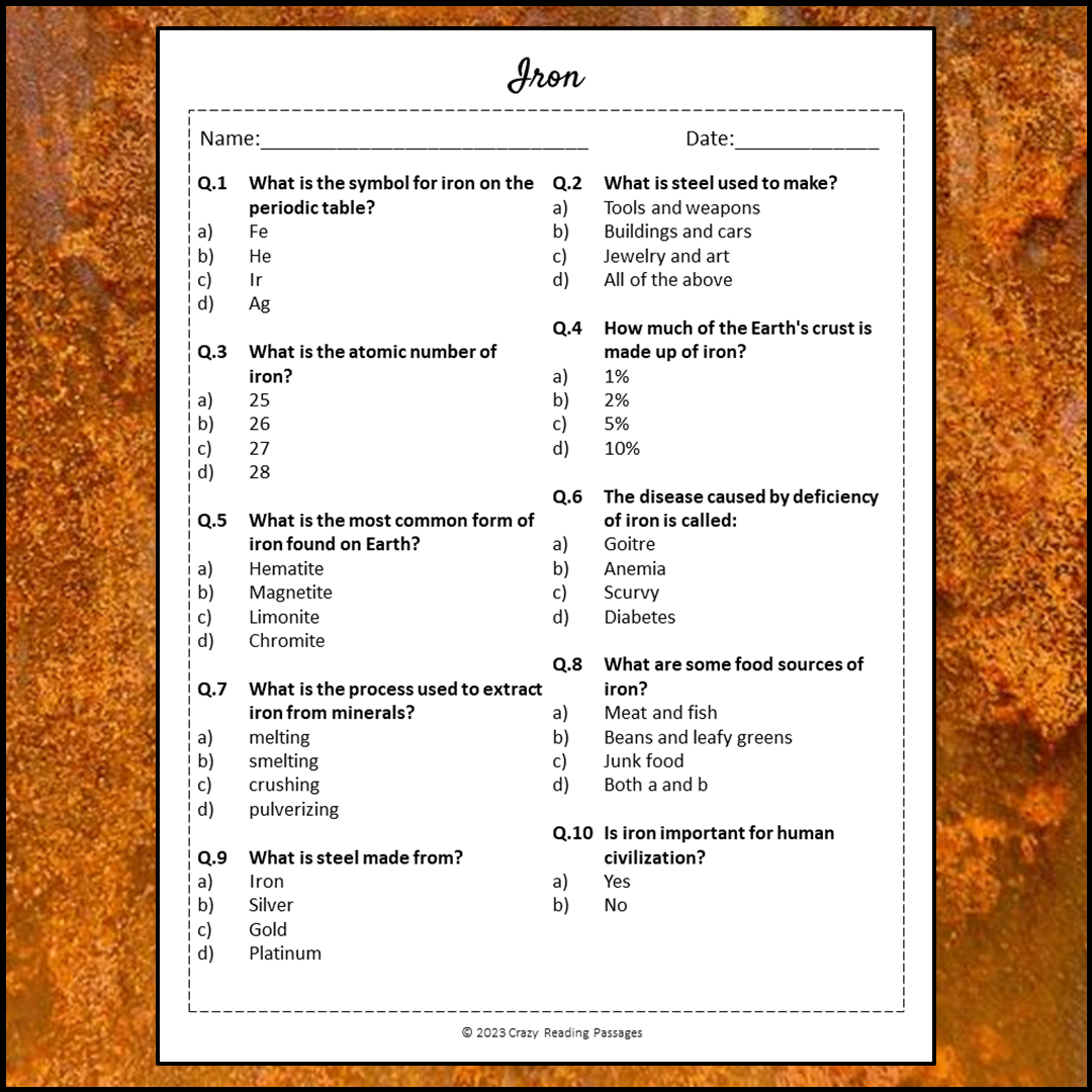 Iron Reading Comprehension Passage and Questions | Printable PDF