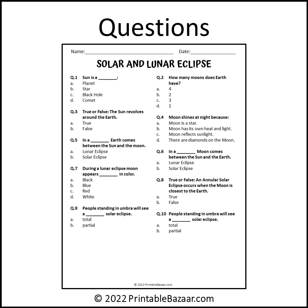 Solar And Lunar Eclipse Reading Comprehension Passage and Questions | Printable PDF