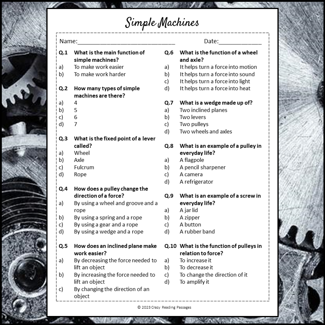 Simple Machines Reading Comprehension Passage and Questions | Printable PDF
