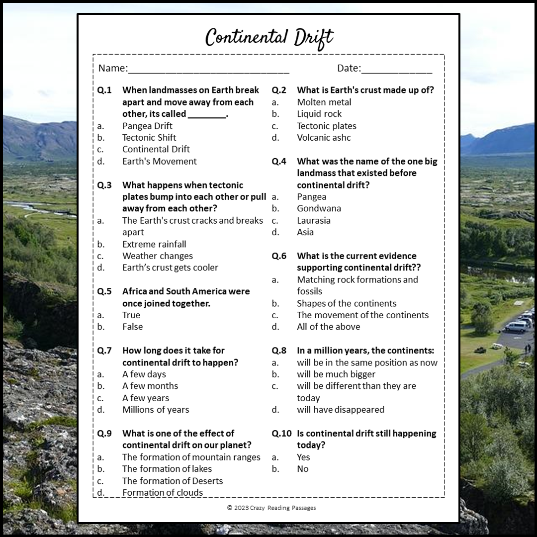 Continental Drift Reading Comprehension Passage and Questions | Printable PDF
