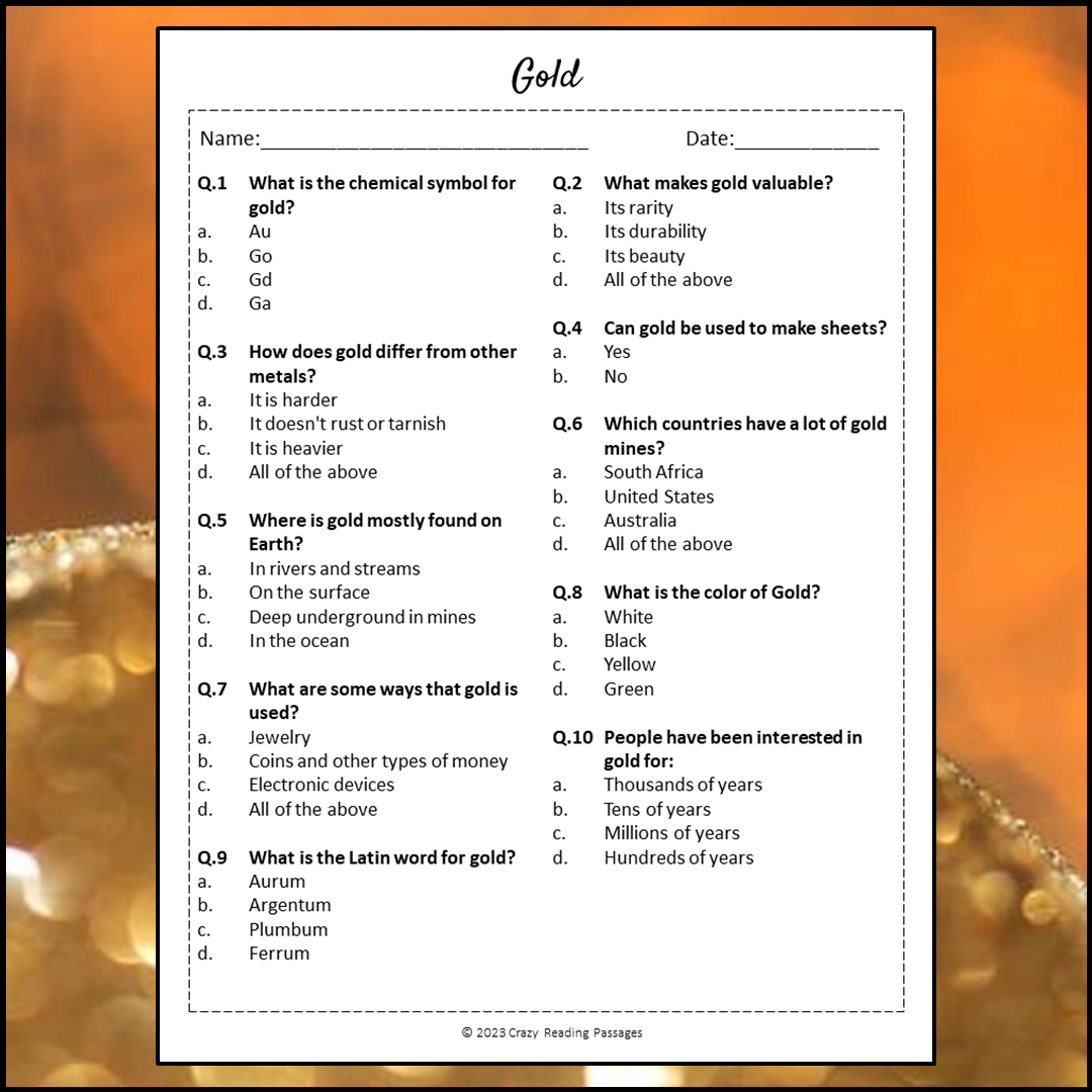 Gold Reading Comprehension Passage and Questions | Printable PDF