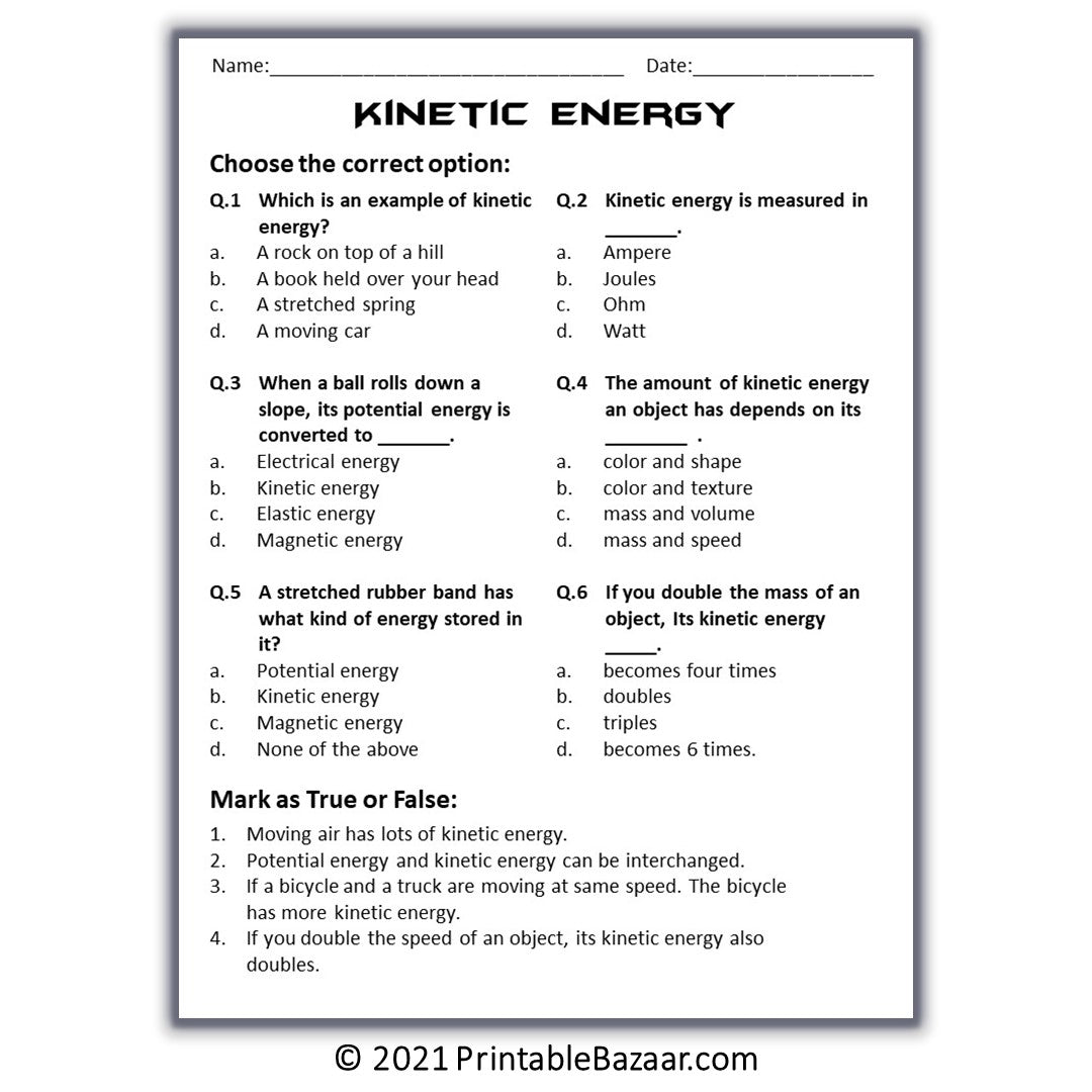 Kinetic Energy Reading Comprehension Passage and Questions