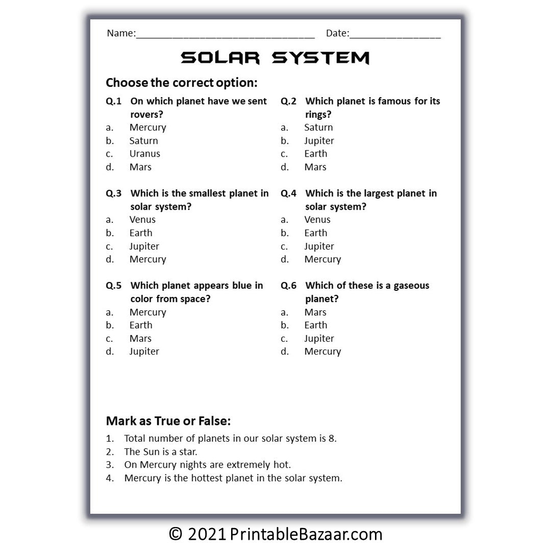 Solar System Reading Comprehension Passage and Questions
