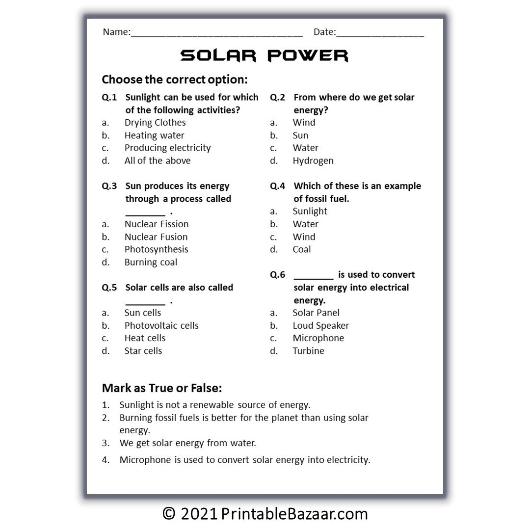 Solar Power Reading Comprehension Passage and Questions