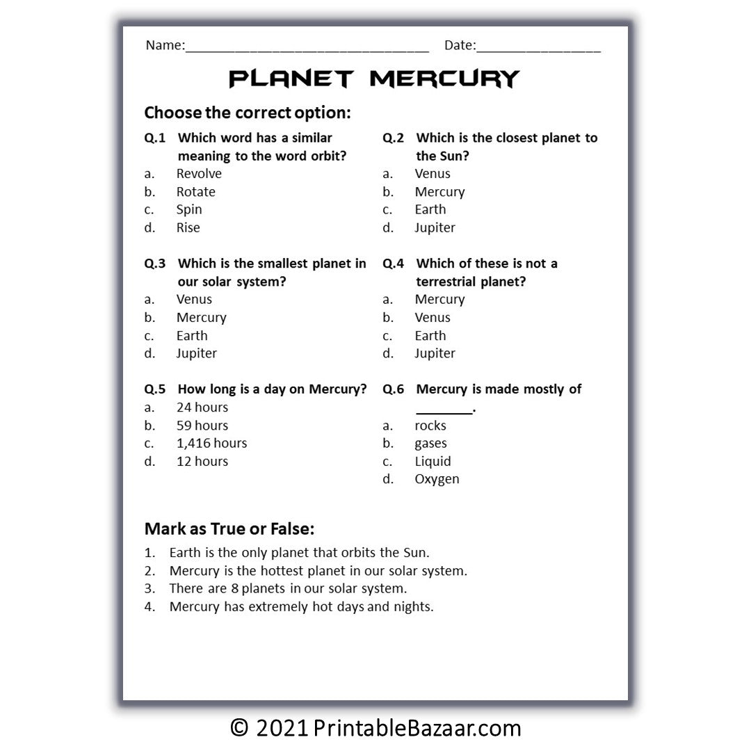 Mercury Reading Comprehension Passage and Questions