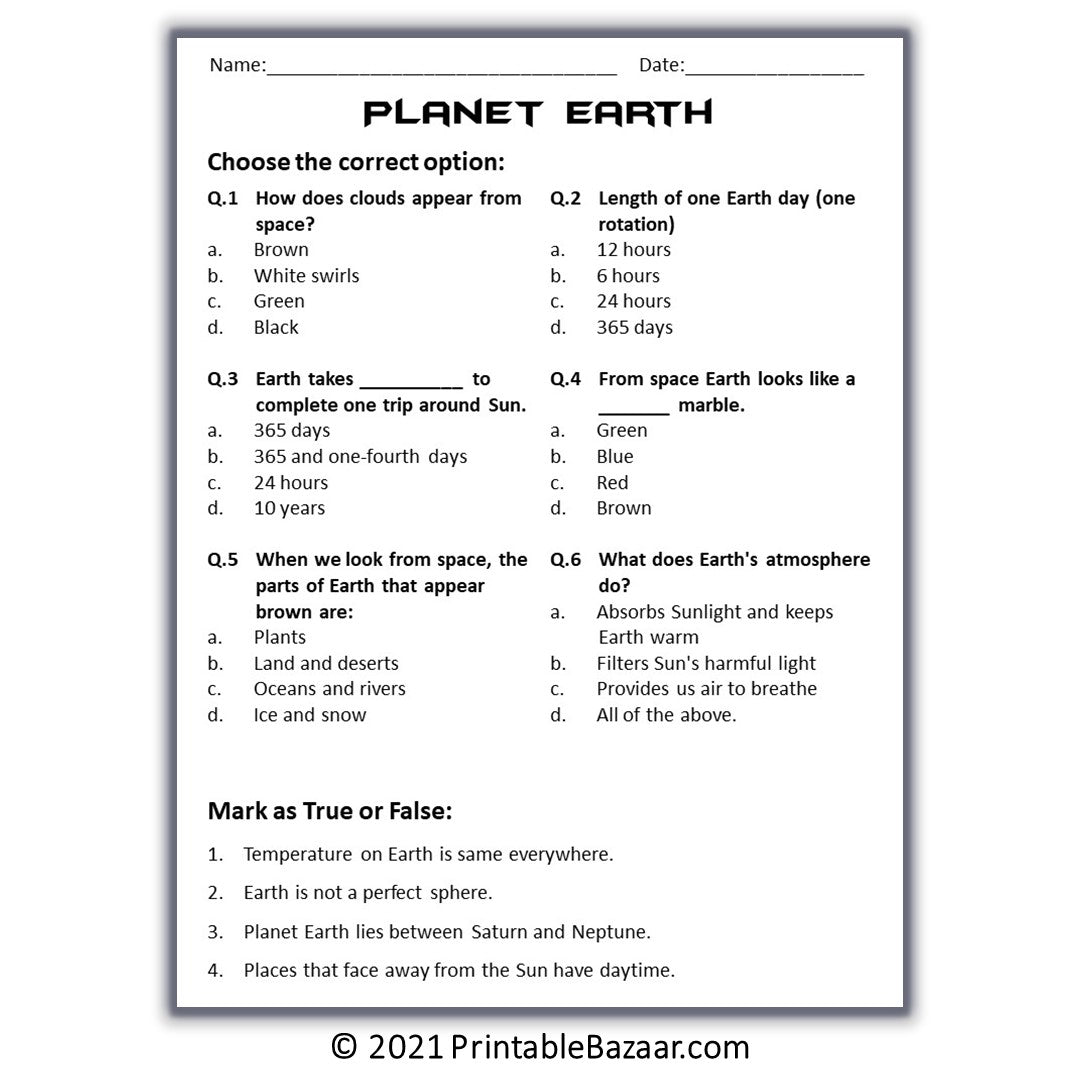 Earth Reading Comprehension Passage and Questions