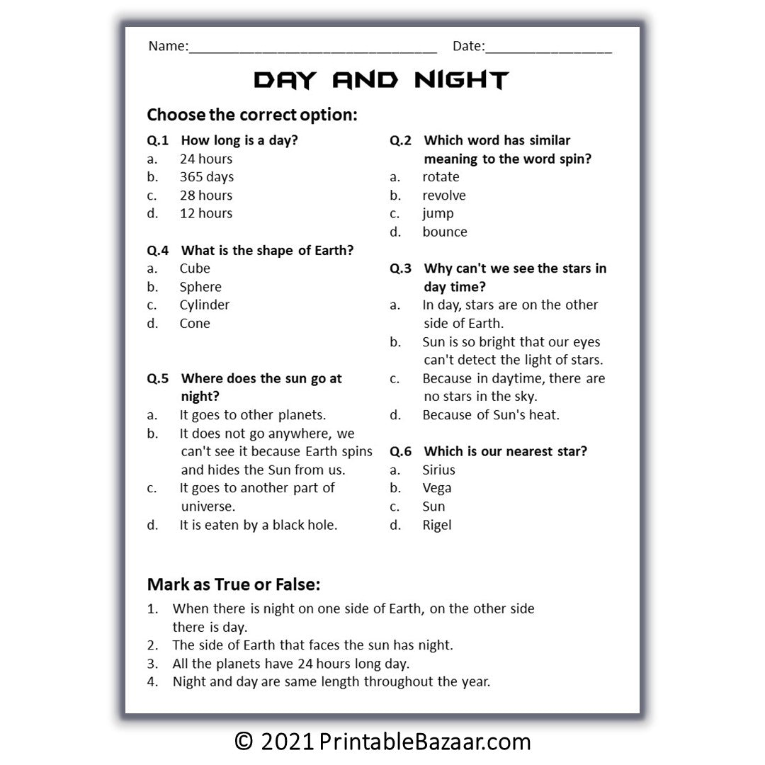 Day and Night Reading Comprehension Passage and Questions