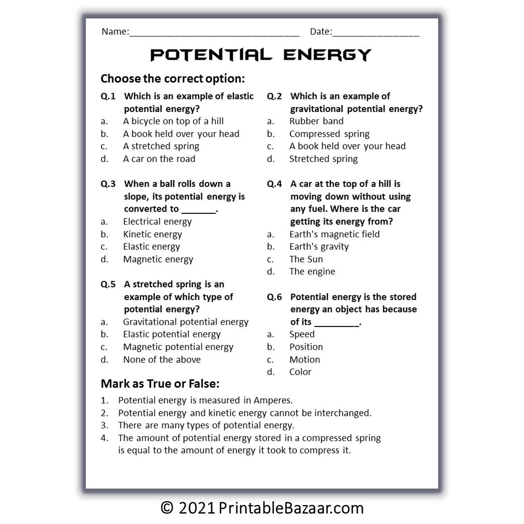 Potential Energy Reading Comprehension Passage and Questions