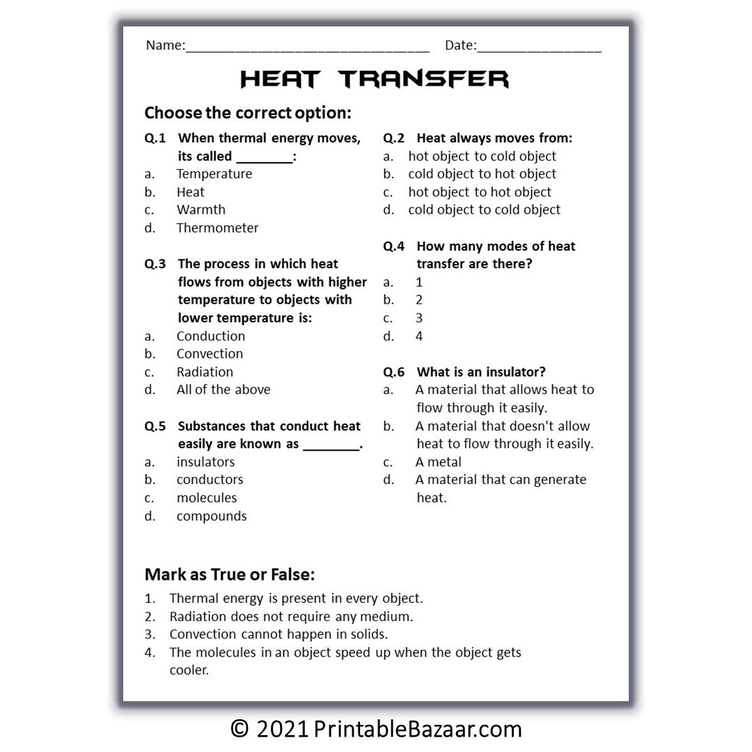 Heat Transfer (Thermal Energy) Reading Comprehension Passage and Questions