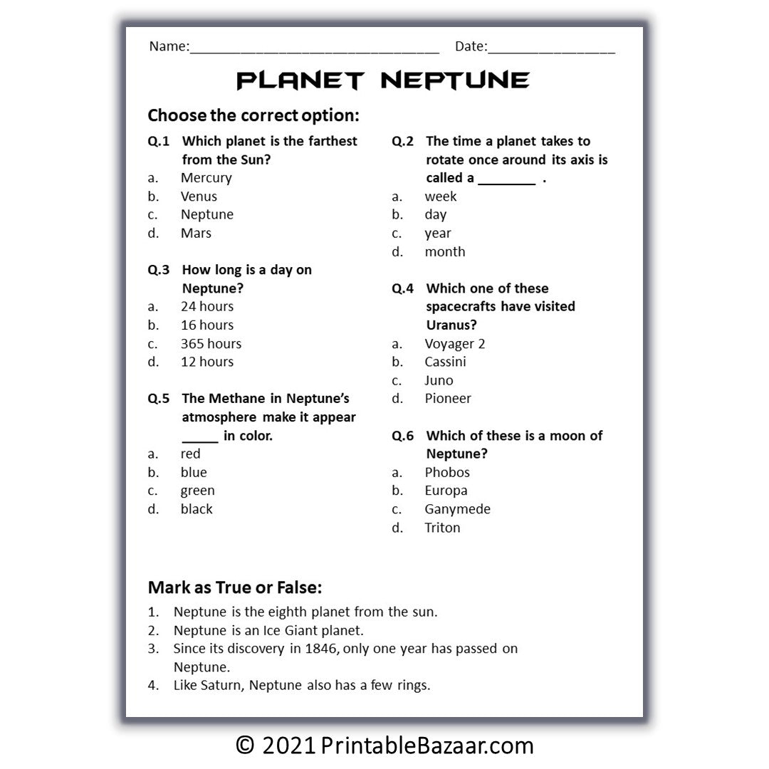 Neptune Reading Comprehension Passage and Questions