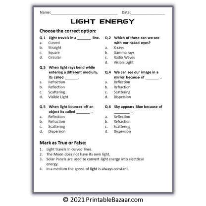 Light Energy Reading Comprehension Passage and Questions