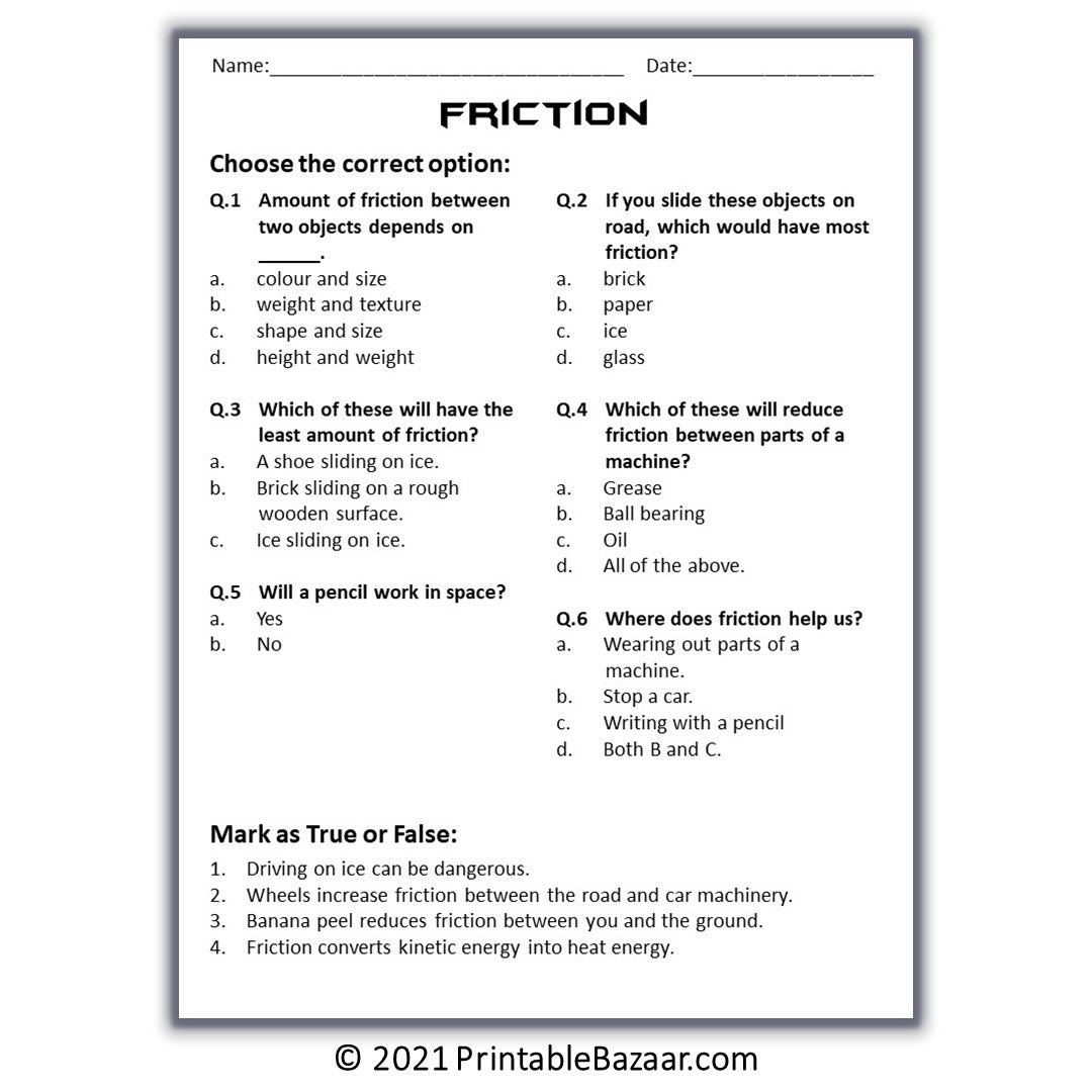 Friction Reading Comprehension Passage and Questions