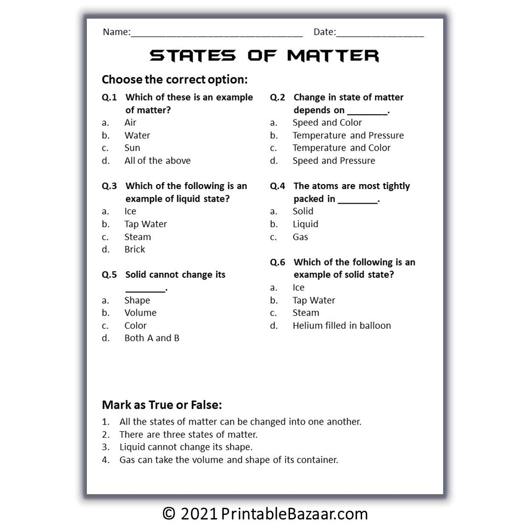 States of Matter Reading Comprehension Passage and Questions