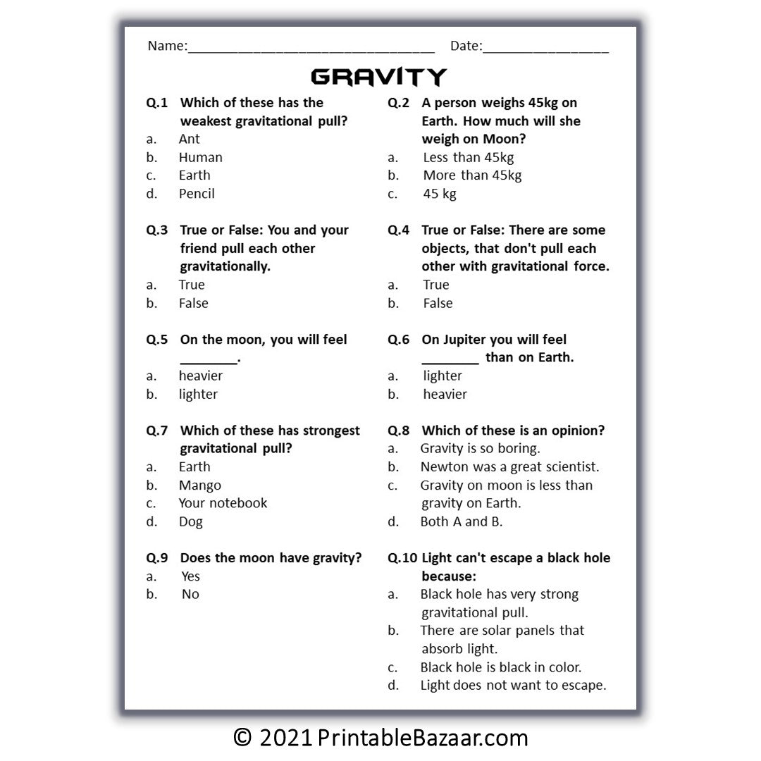 Gravity Reading Comprehension Passage and Questions