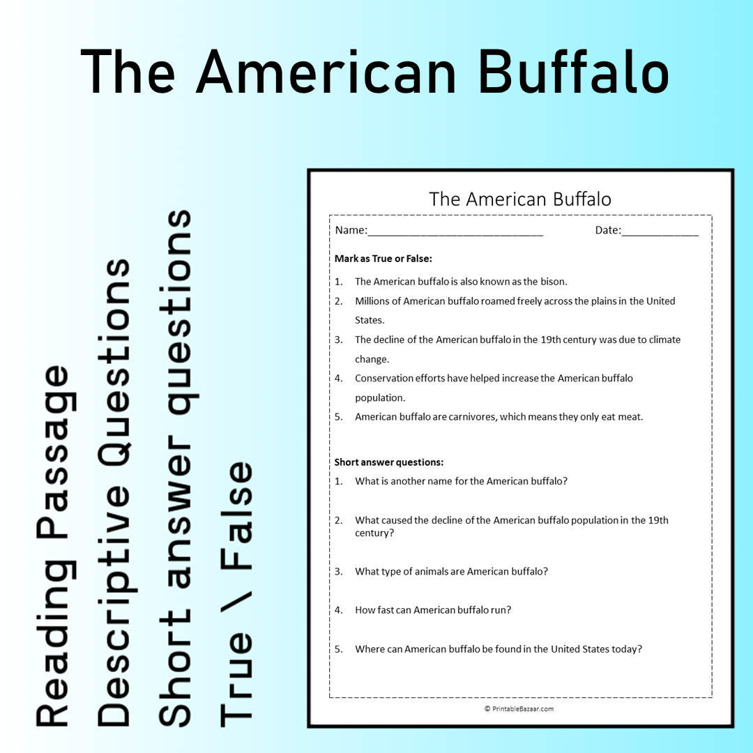 The American Buffalo | Reading Comprehension Passage Printable Worksheet