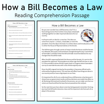 How a Bill Becomes a Law | Reading Comprehension Passage Printable Worksheet