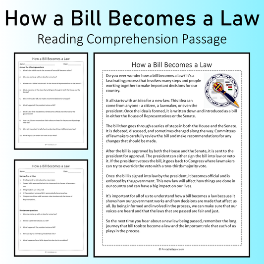 How a Bill Becomes a Law | Reading Comprehension Passage Printable Worksheet
