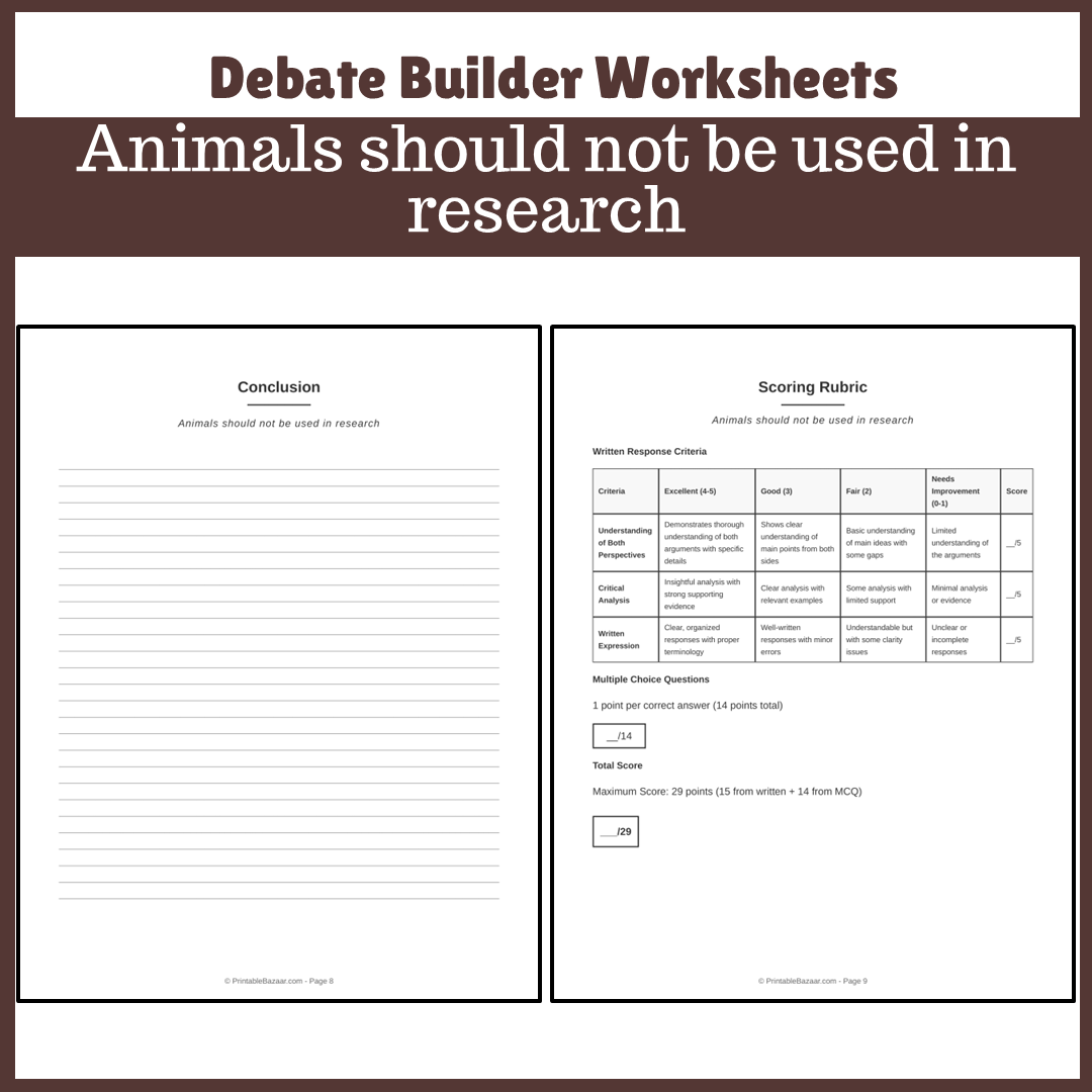 Animals should not be used in research | Favour and Against Worksheet Printable Activity