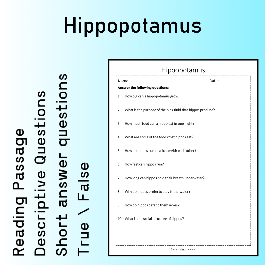 Hippopotamus | Reading Comprehension Passage Printable Worksheet