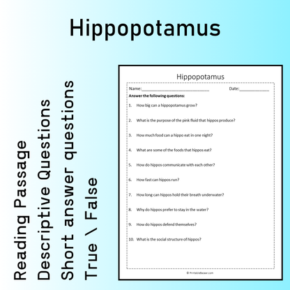 Hippopotamus | Reading Comprehension Passage Printable Worksheet