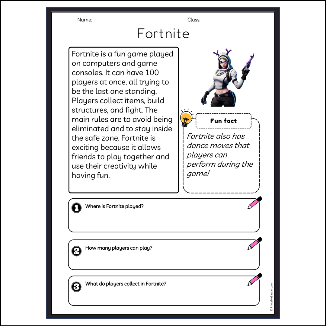 Fortnite | Reading Passage Comprehension Questions Writing Facts Worksheet